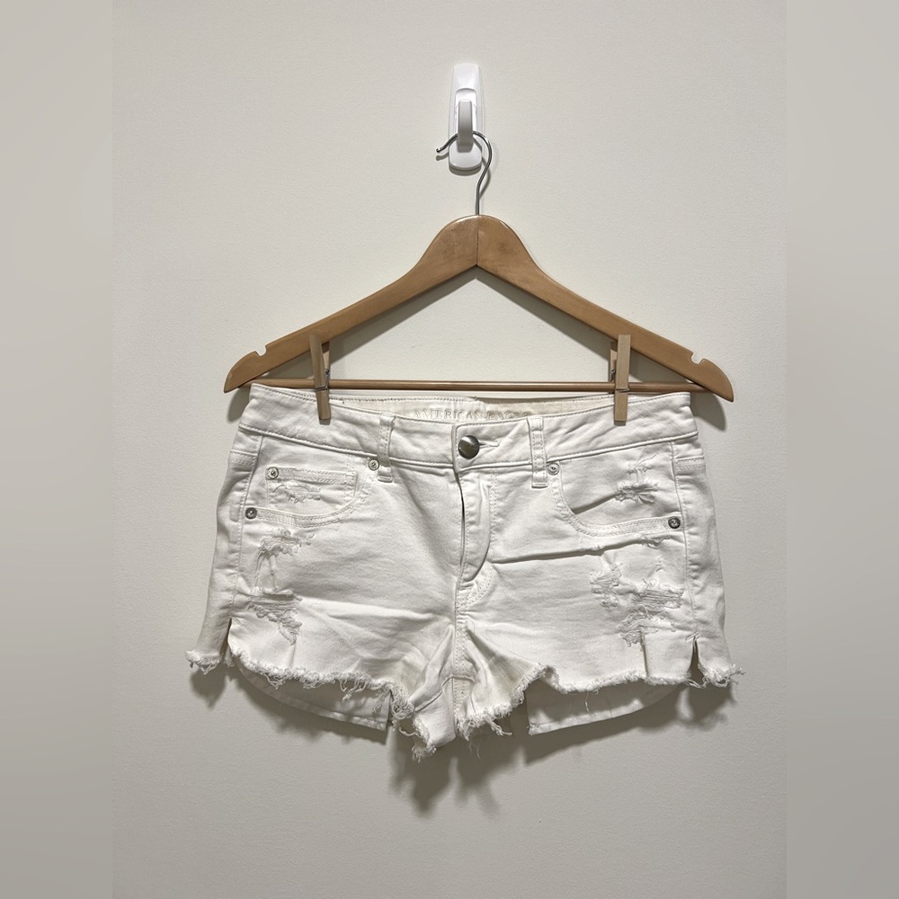 White Distressed Low Rise American Eagle Shortie Shorts
